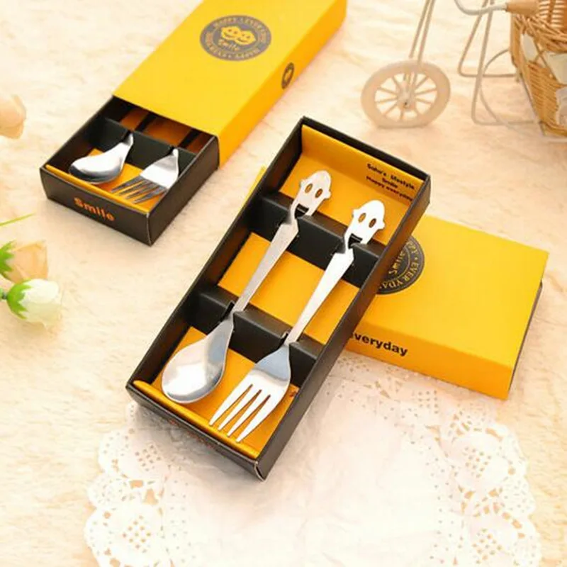 

Creative Korean-style Practical Gifts Stainless Steel Happy Smiley Face Tableware Two-piece Spoon and Fork Two-piece Gift Box
