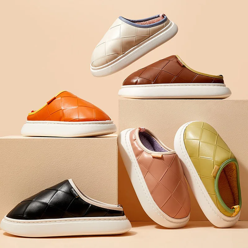 Женские зимние тапочки из искусственной кожи Нескользящие домашние на толстой