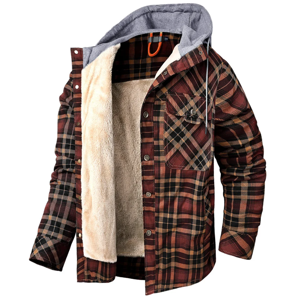 

Men's Long Sleeve Plush Thickened Hooded Plaid Shirt Autumn Winter Large Size Cotton Coat Outdoor Fitness Running Hiking Hoodies