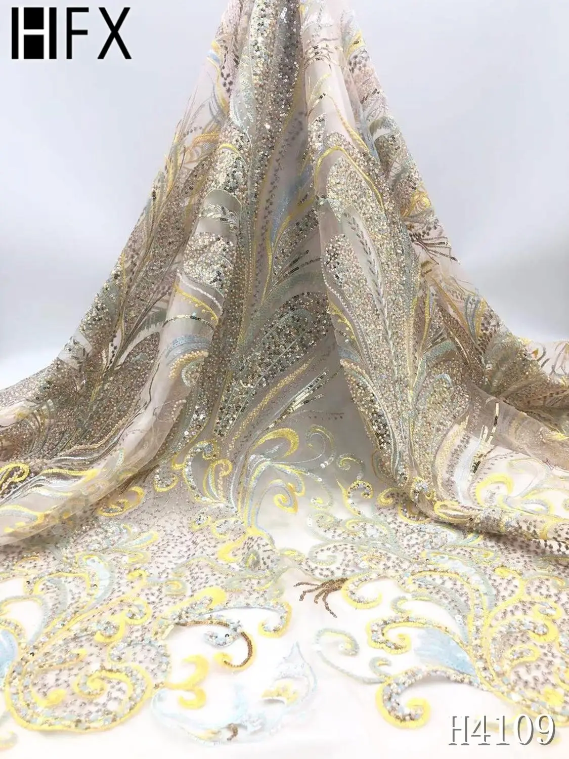 

HFX Nigeria Sequin Lace Fabric 2020 High Quality French Sequins Lace Fabric Purple Tulle Embroidery Lace For Wedding Dress F4109