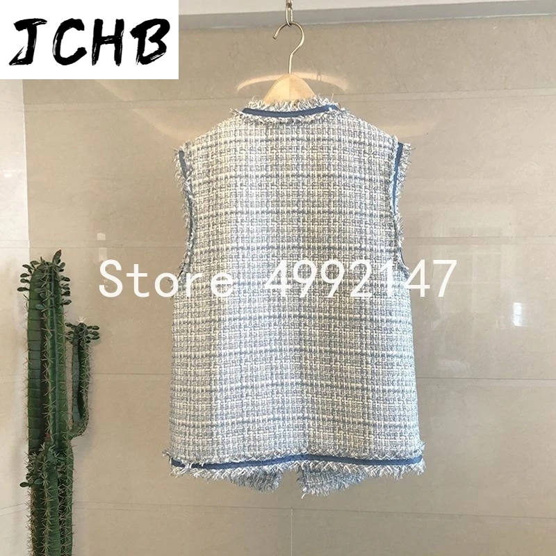 

2021 autumn spring women casual plaid tassel pearls buttons tweed vests girls sweet sleeveless jackets waistcoat pink Y708