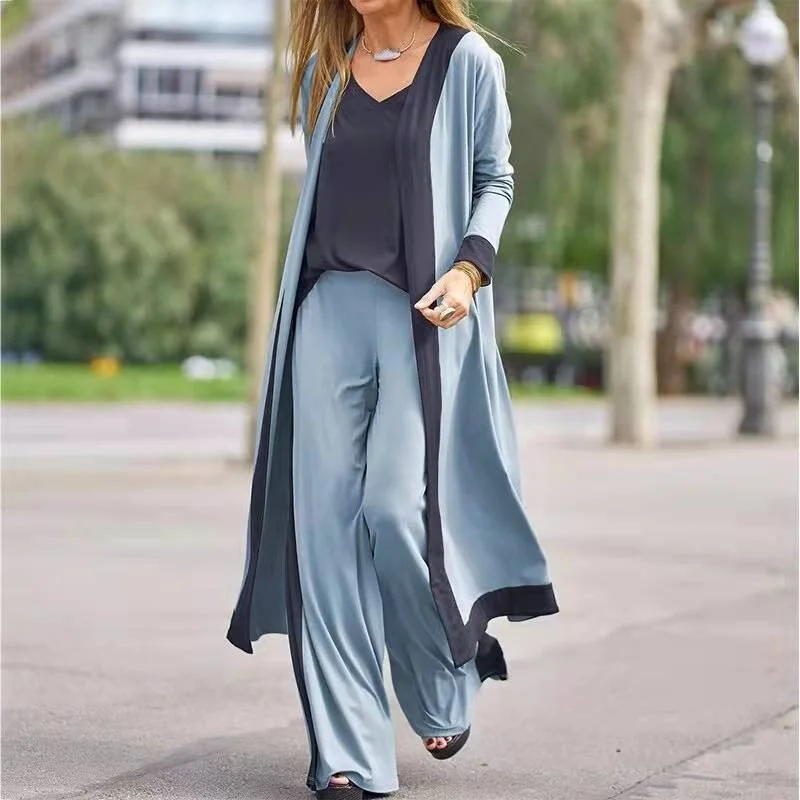 

2021 Winter Fashion Leisure Loose V-neck Small Suspender Straight Pants Three Piece Set Color Matching Cardigan Leisure Suit