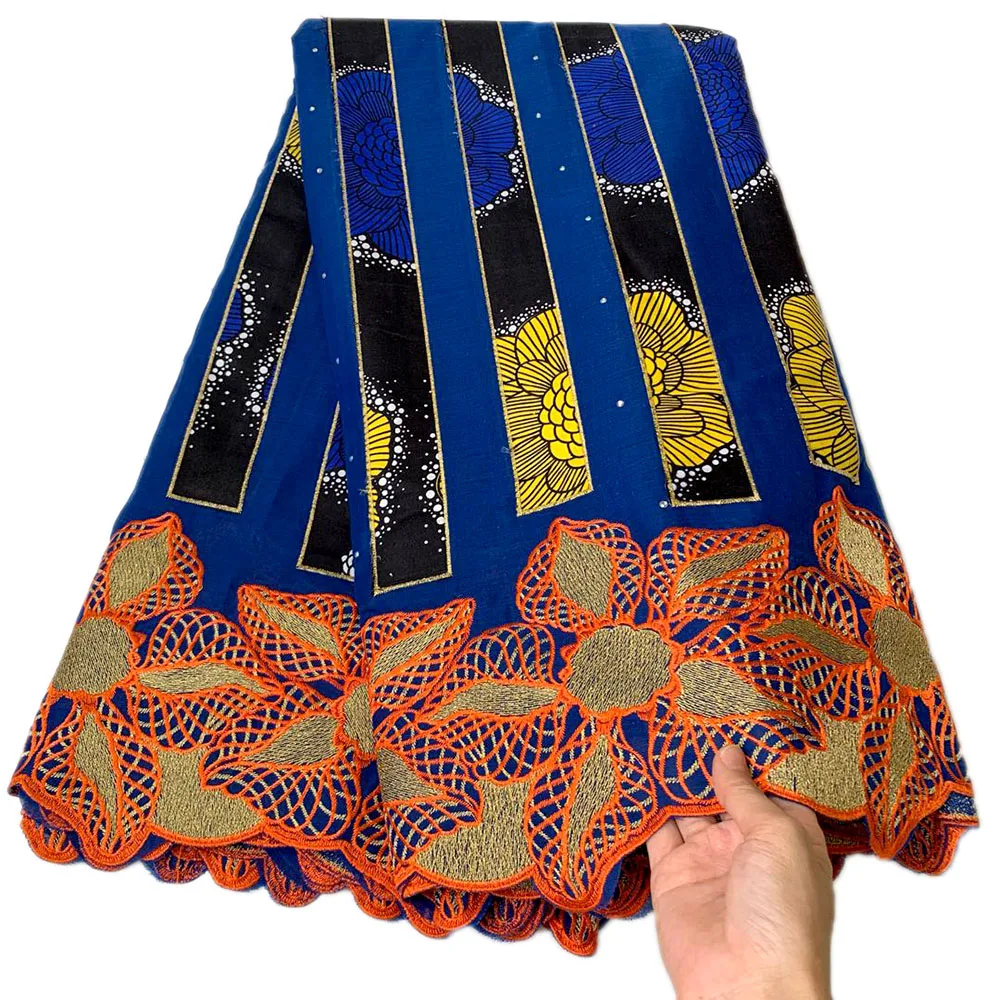 

African Cotton Embroidery Lace Fabric Orange color High quality Fashion design cotton lace fabric 5 yards for party dress