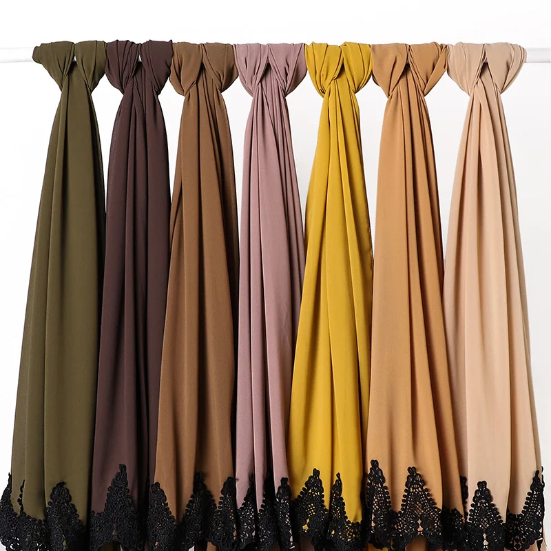 Trendy Plain Bubble Heavy Chiffon Wrap With White Embroidered Lace Solider Color Shawls Headband Muslim Hijabs Scarves/Scarf