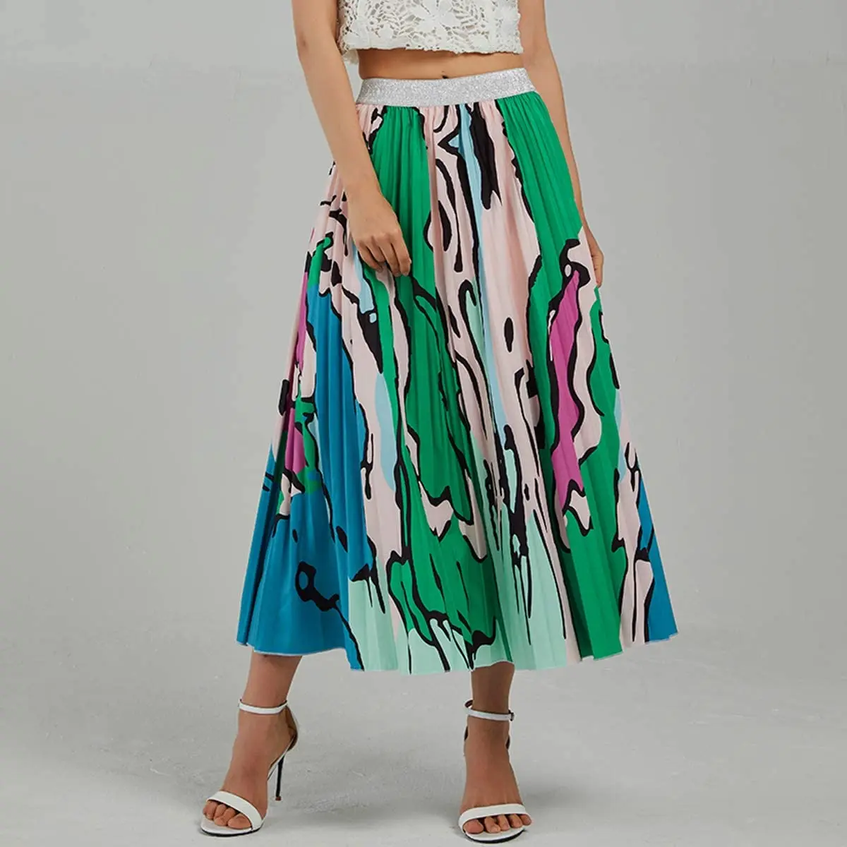 

Green Elastic High Waist Pleated A-Line Swing Skirt Graffiti High-waisted Skirt and Large Hem Mid-length Skirt Pleated Skirt