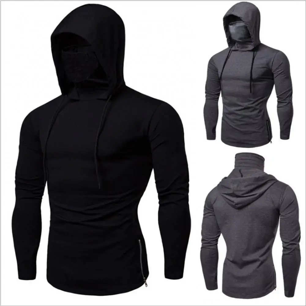 60%HOTMen's Autumn Leisure Gym Thin Long Sleeve Hoodie Face Mask Pure Color Sweatshirt Men's Top