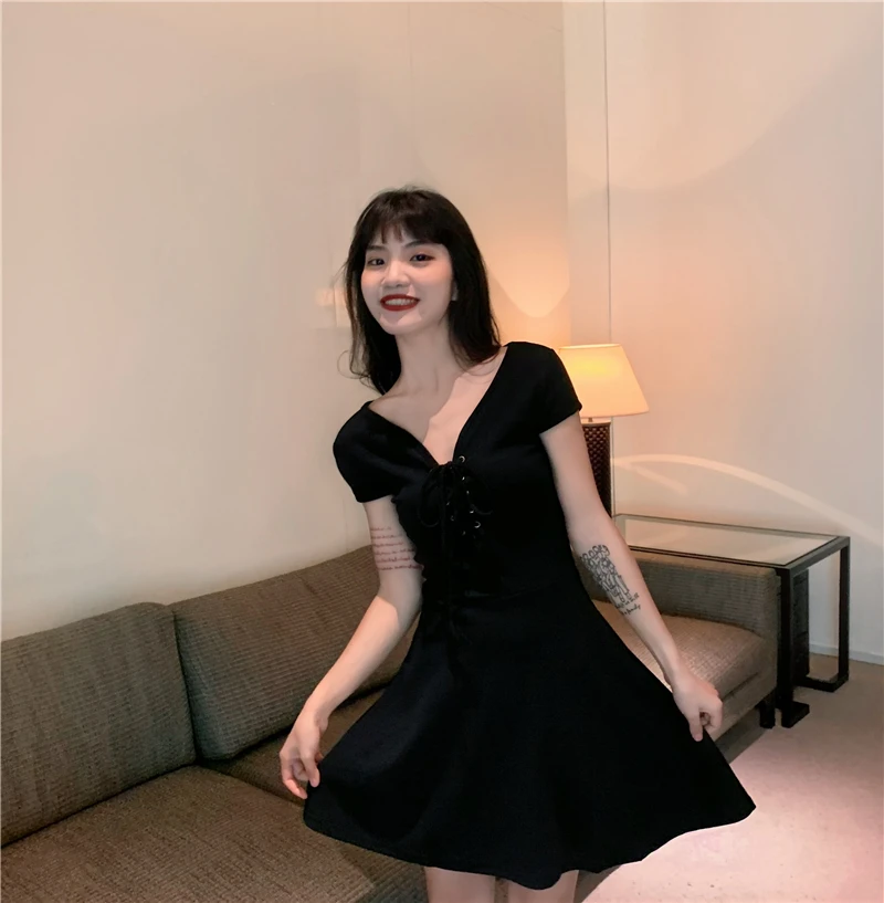 

Black V-neck Mini Dress Short Sleeve High Waist New Summer Solid A-line Bandage Dresses for Women Clothing Korean Casual Style