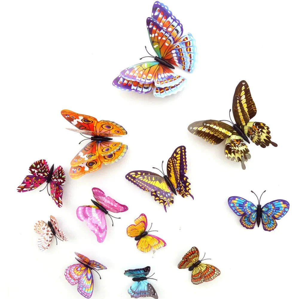 

12pcs PVC 3D wall stickes home Decor DIY Butterfly Luminous glow in dark Design Decal Magnetic magnet sticking double feather