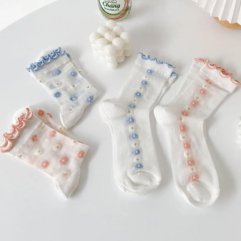 

2pairs=4pcs Japanese Lolita Cute Socks Women Summer Thin Glass Silk Transparent Flower Print Socks Sweet Casual Woman Socks Set