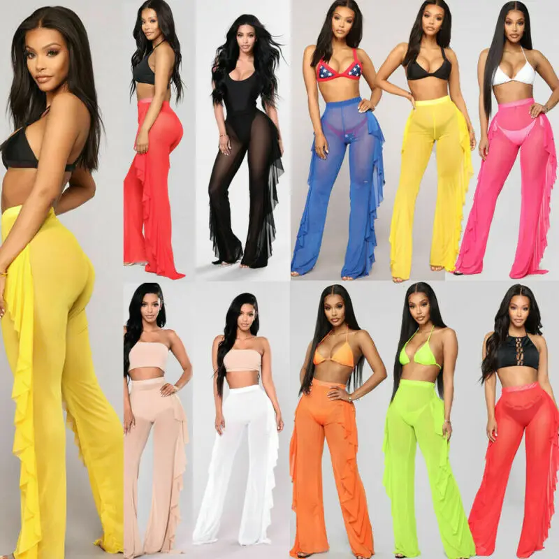 2019 сексуальные женские прозрачные брюки накидка на бикини сетчатые с оборками