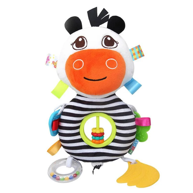 Черно белая полосатая подвесная погремушка в виде мультяшной коровы с гелем для