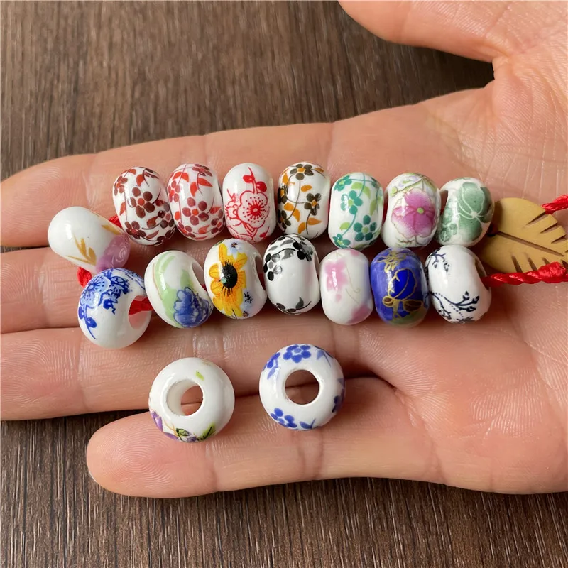 

JunKang 15pcs 9*15mm DIY ceramic crafts large hole flower pattern spacer beads for bracelet and necklace making discovery