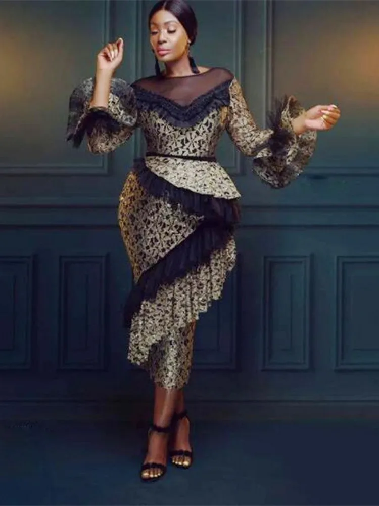 

Plus Size Mermaid Prom Dresess Sheer Neck Tiered Tulle Lace Ruffle Sleeves Aso Ebi Evening Dress African Women Formal Party