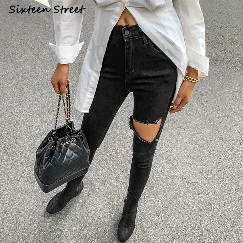 

Y2k Korean Clothing Black Skinny Jeans Women Ripped High Waist Jeans Female 2020 Button Zipper Pants Aesthetic Streetwear Cargo