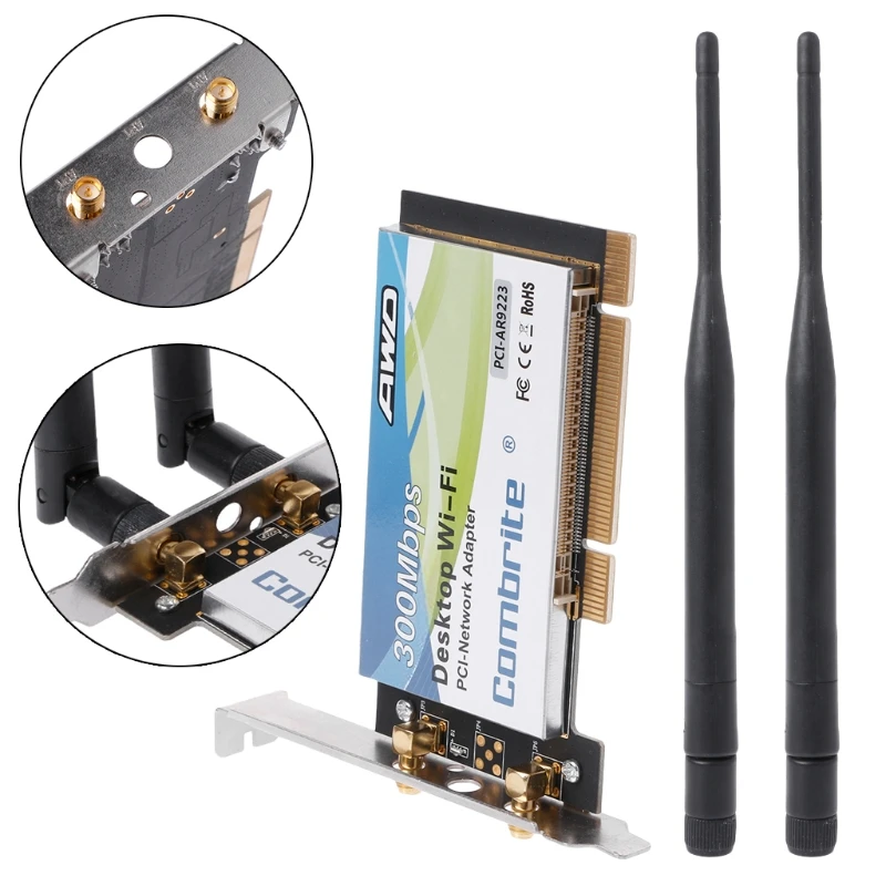 

AR9223 PCI 300M 802.11b/g/n Wireless WiFi Card for Desktop Laptop 6DB Antenna