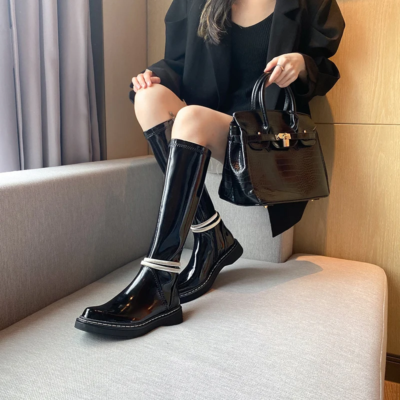 

Fashion Knee High Boots for Women Leg Zipper Genuine Leather Chunky Heels Winter Long Shoes Woman Heels 2021 Newest