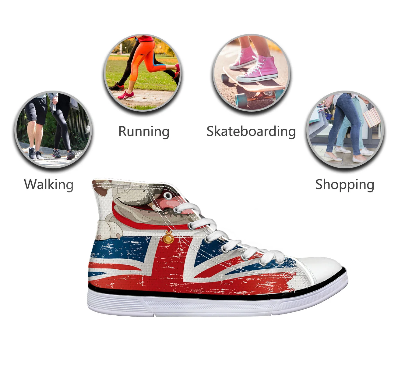 WHEREISART/Женская парусиновая обувь Мопс британский флаг мультяшная Собака высокая