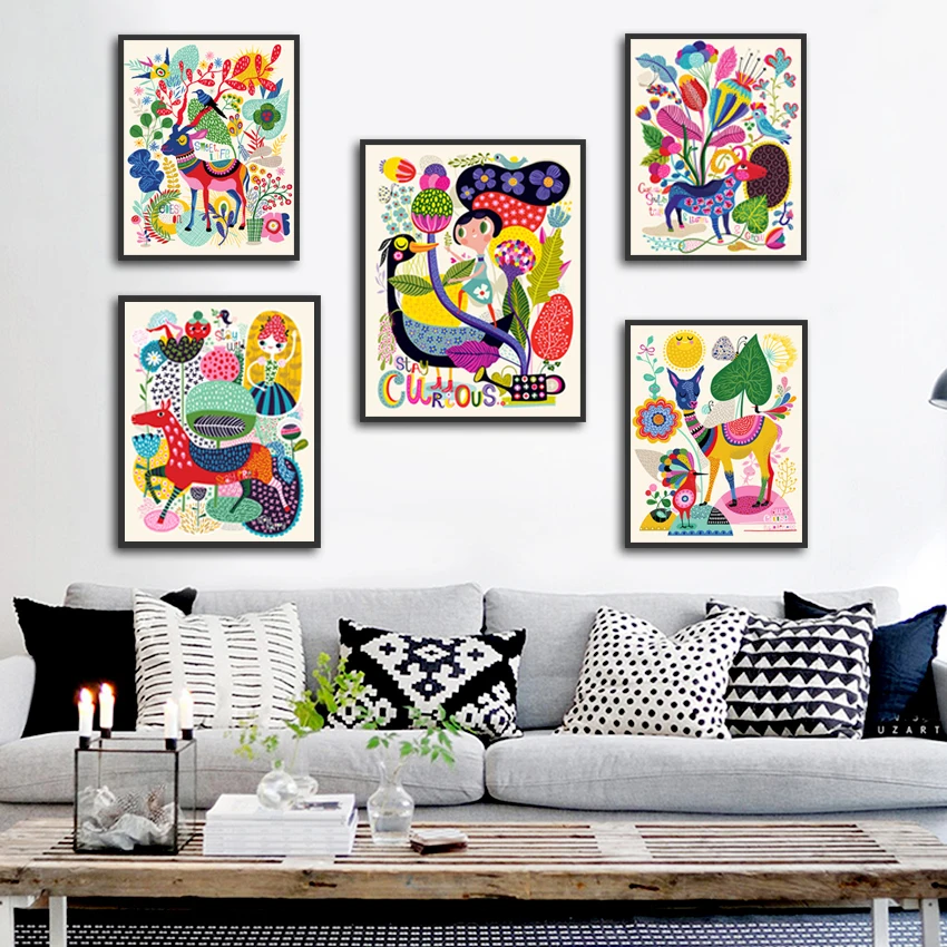 

Abstract Cartoon Colorful Animals And Plant Poster Print Canvas Painting Picture Home Wall Art Graffiti Bedroom Decor Custom