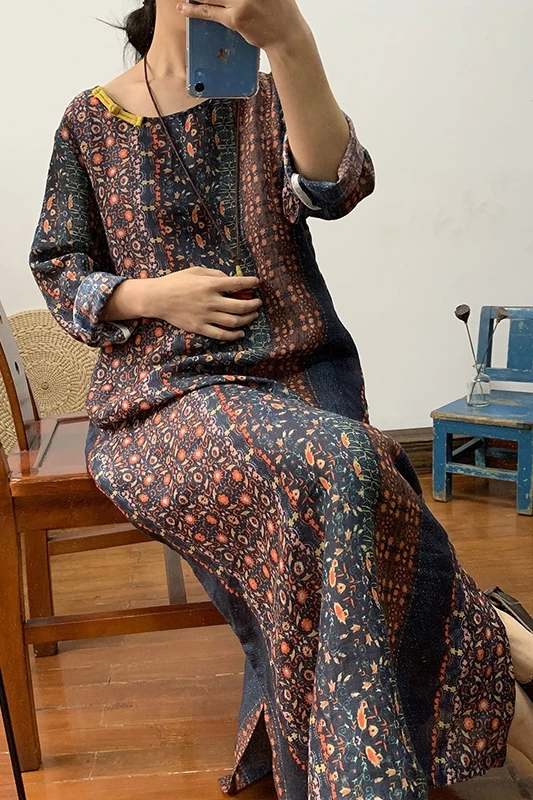 

Original upscale dark flower pure ramie gown dress loose long retro linen women's dress spring and summer thin
