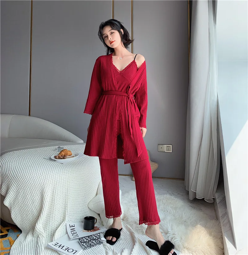 Пижама женская с кружевной отделкой Daeyard комплект из 3 предметов Хлопковая пижама