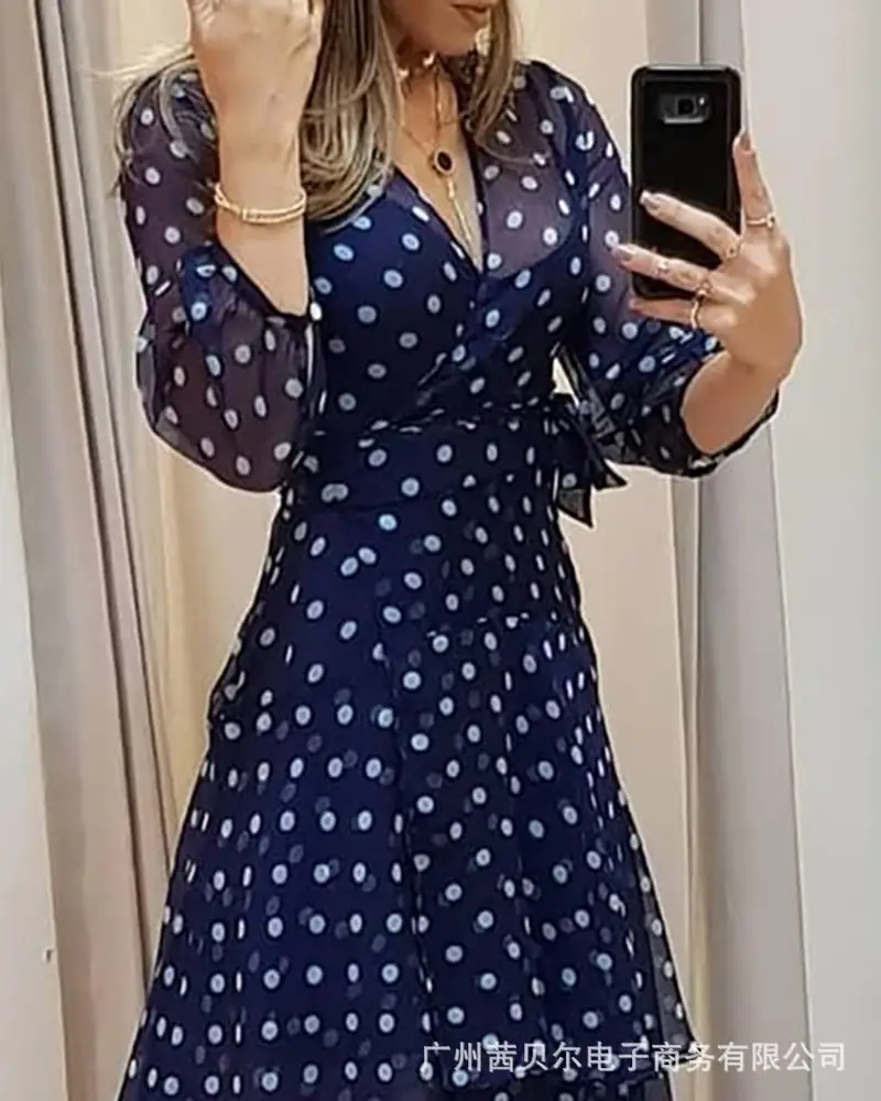

Ladies dress fashion 2021 new blue polka dot print dress clothing women white dress women