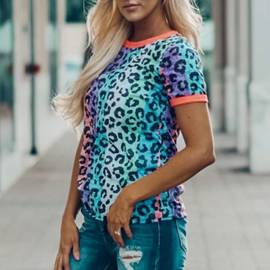 Женские топы стильные цветные леопардовые свободные круглый вырез летние реглан