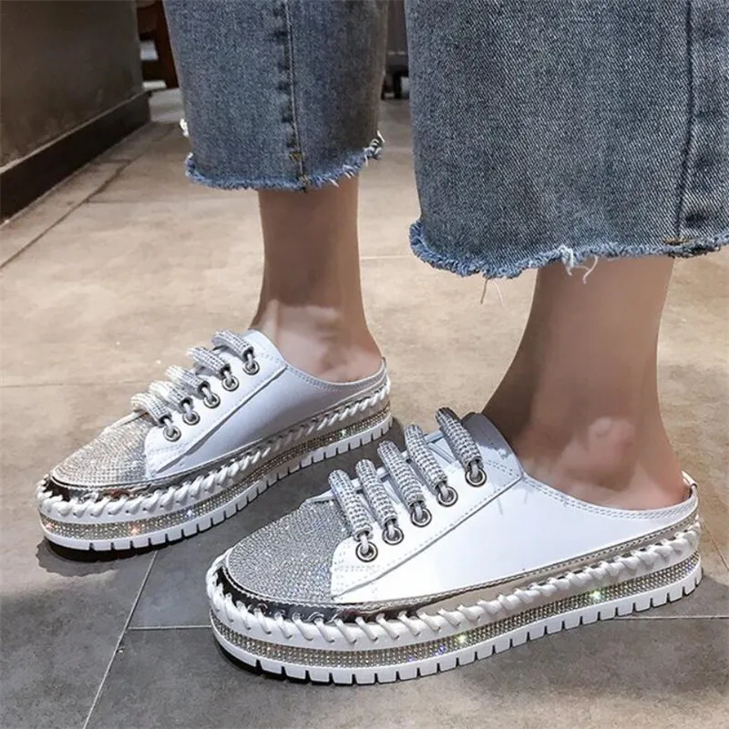 

2021 Summer Women Slippers Fashion Crystal Weave Non-slip Platform Women Shoes Outdoor Large Size PU Leather Flats Women Slides