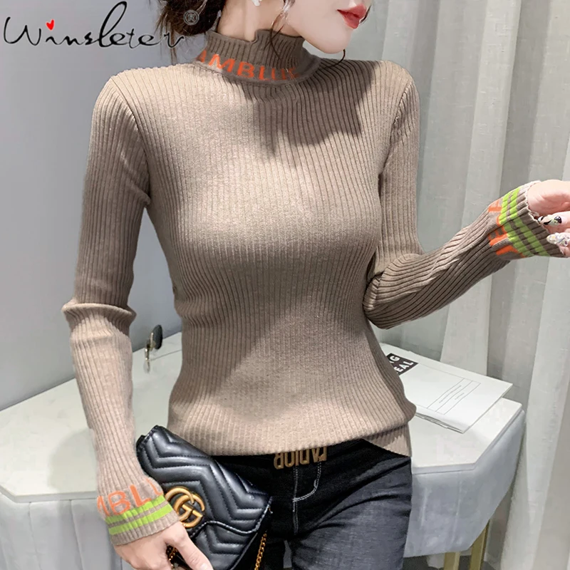

MadBlack Fall Winter Knit Turtleneck Sweater European Clothes Women Fashion Elastic Letters Long Sleeve Bottoming Shirt T10726A