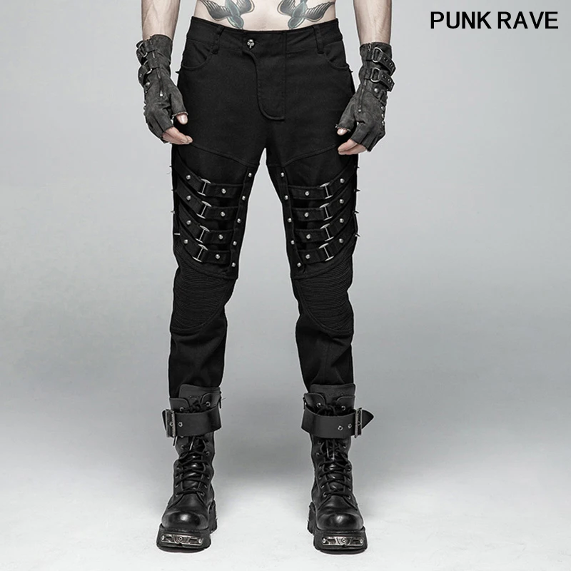 

Personality Handsome Twill Woven Tip Rivet bandage Long Pants Punk rock Heavy Metal Men street Trousers PUNK RAVE WK-357XCM