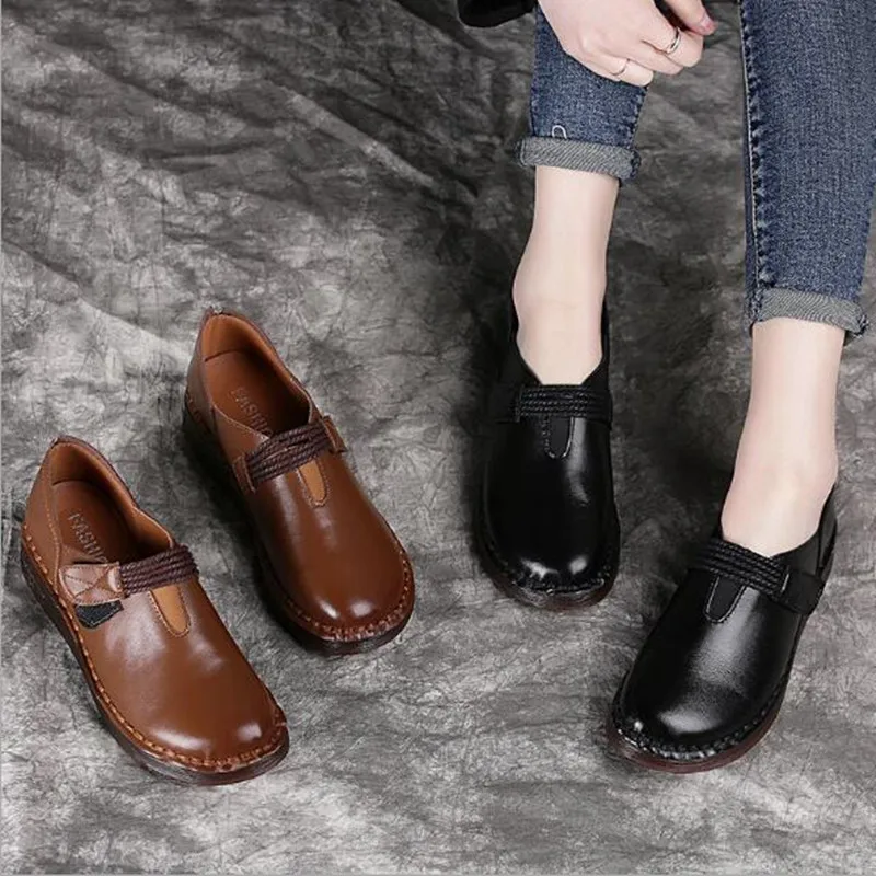 

BEYARNE spring genuine leather summer woman flat shoes solid hook buckle retro low heel casual shoes lady 2020soft flat comfort
