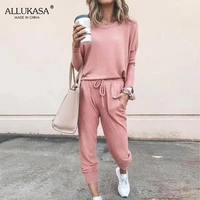 two piece ladies sportswear sports suit long sleeved solid color pullover sweatshirt pants sportswear suit home service