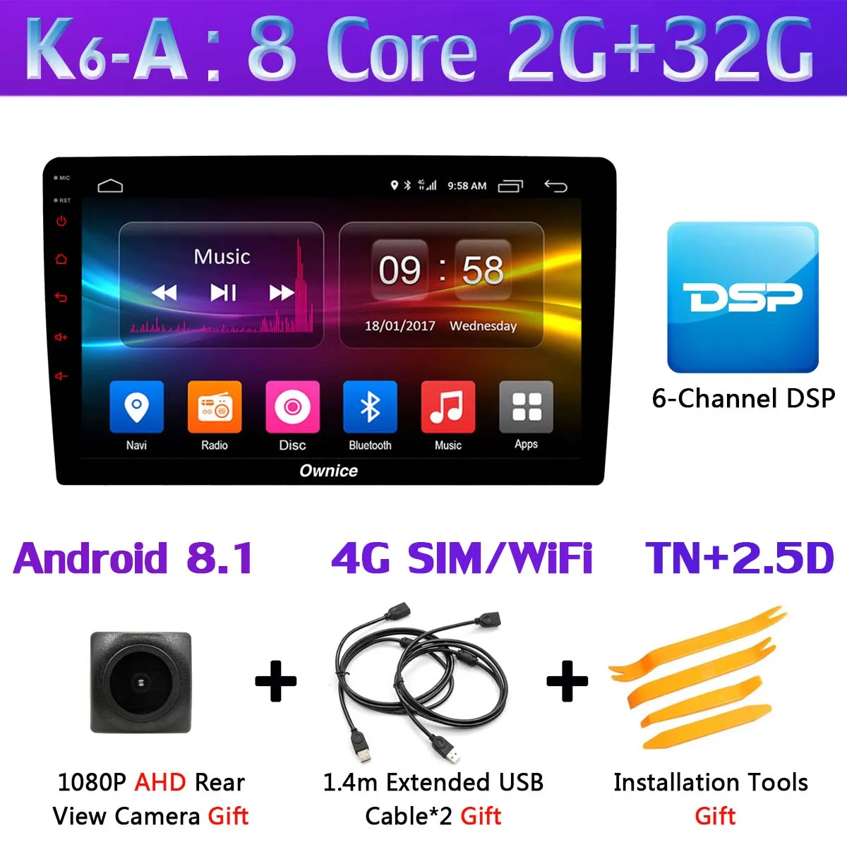 K6-A Ownice K6 ультратонкий 1 din Универсальный 4 SIM LTE WiFi 8Core Android 8,1 4G+ 64G Автомобильный мультимедийный плеер радио gps SPDIF DSP CarPlay - Цвет: K6-A