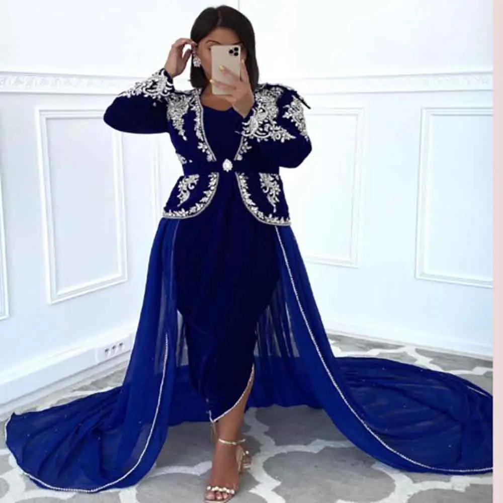 

Karakou Algerien Royal Blue Evening Dress Arabic Dubai Long Sleeve Overskirt Caftan Muslim Formal Prom Party Dress 2022 Lace