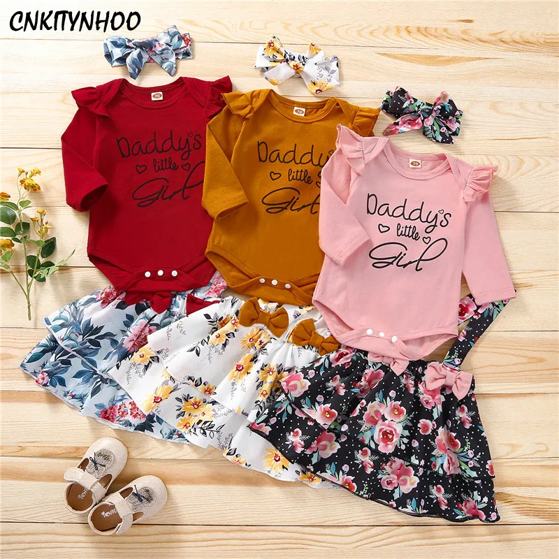 

Baby Girls Outfits Spring Autumn Letter Romper Bodysuit+Suspender Skirts 3pcs Suit Toddler Kids Clothes Set