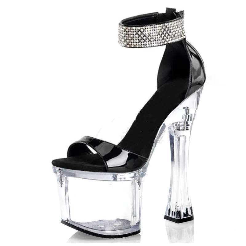 Clear Platform Sandals Model Show 7 Inches Super High Heeled Pole Dance Shoes 18cm Square High Heels Open Toe Coarse Fetish