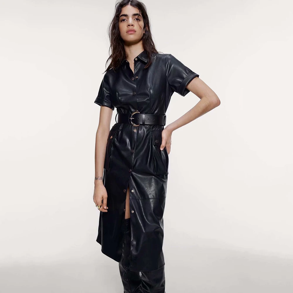 2019 ZA Платье женское из искусственной кожи черное модное с отложным воротником