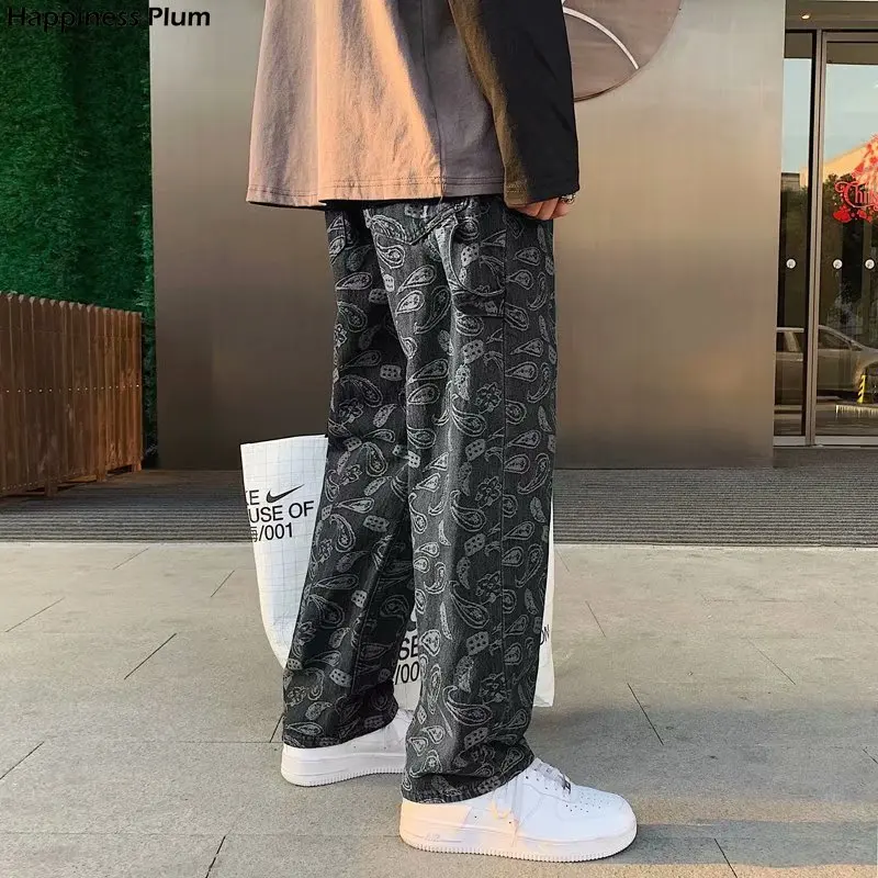 

2021 Cashew flower black jeans men straight tube loose spring and autumn summer Korean fashion men's baggy pants denim trousers