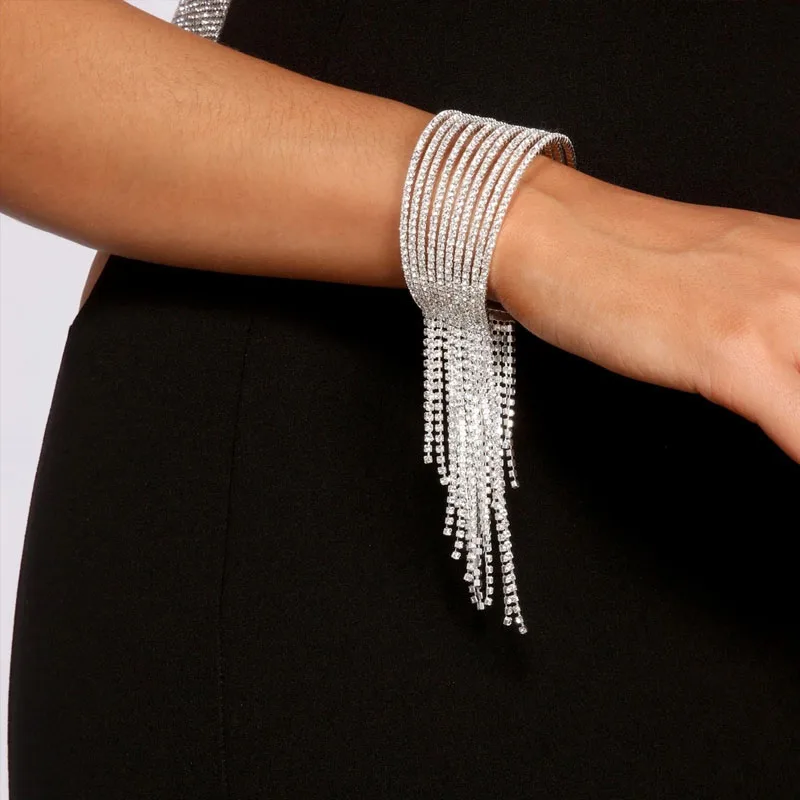 

Stonefans Bling Charm Bracelet Rhinestone Tassel Bangle for Women 10 Rows Statement Open Cuff Bangle Chain Crystal Hand Jewelry