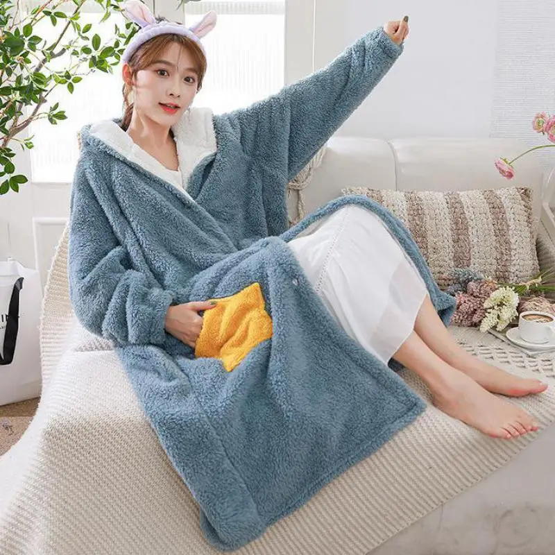 

Hooded Women Kimono Robe Gown Coral Fleece Star Bathrobe Autumn Winter Nightgown With Buttons Flannel Nightdress Sleepwear
