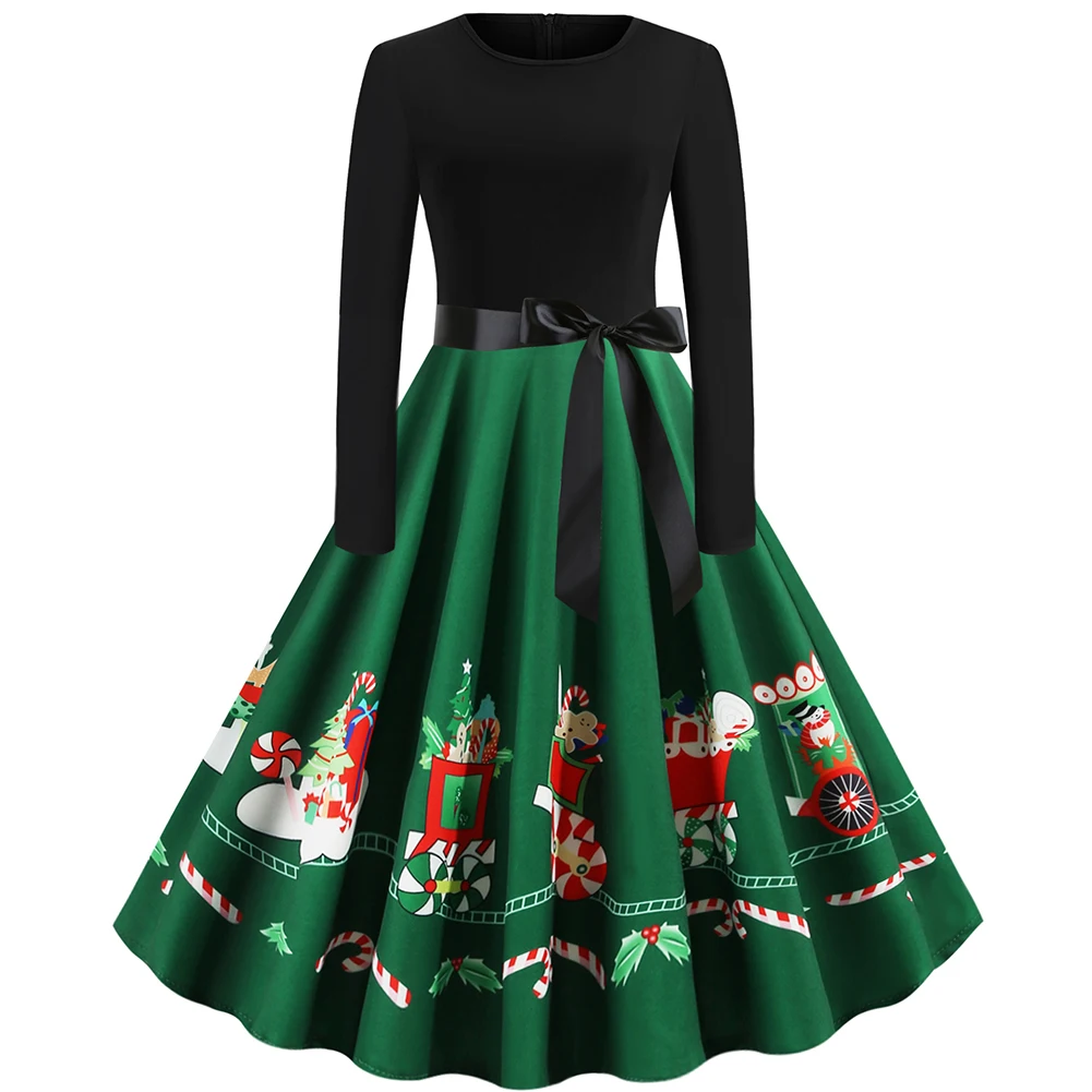 

Christmas Pattern Printed Women Dress Festival Fashion Large Swing Party Slim Fit Mid Length Round Neck A Line Long Sleeve