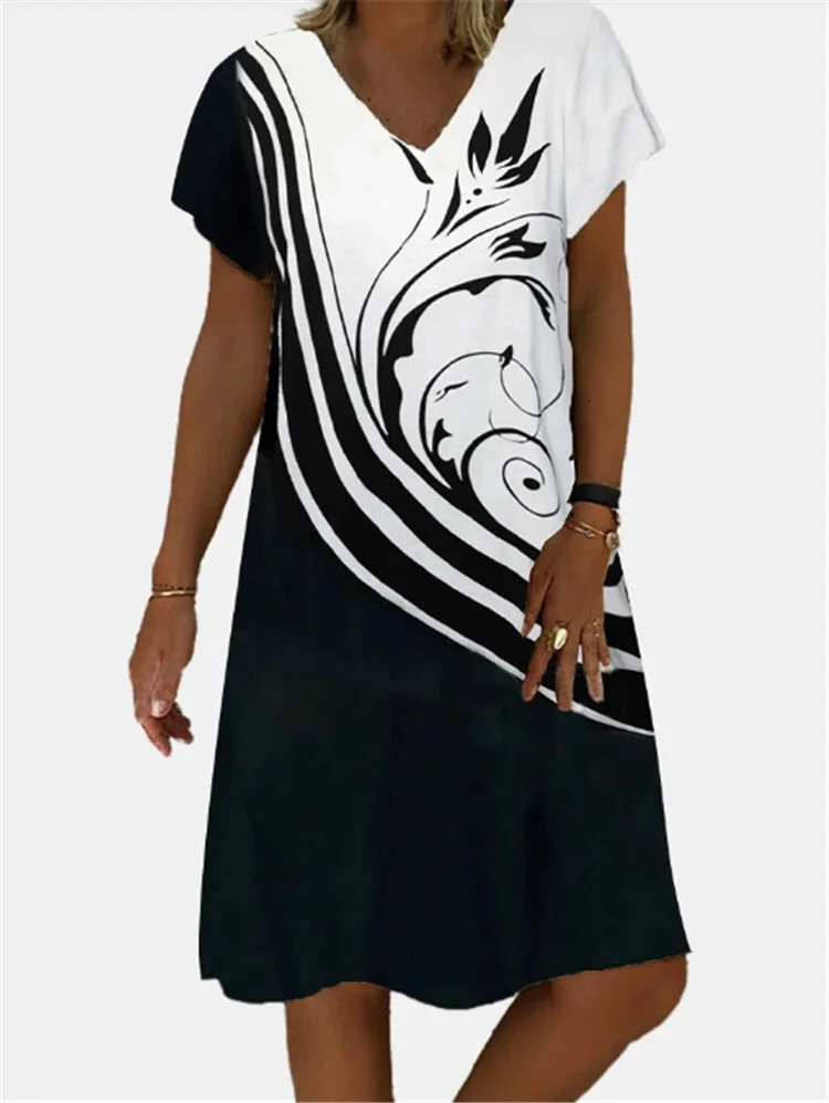 

Women Dress Summer 2021 V-Neck short Sleeve A-Line Dresses Female Vintage Loose Dress Vestidos mini dress