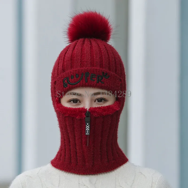 Женские зимние вязаные шапки с меховой подкладкой теплые для женщин на молнии