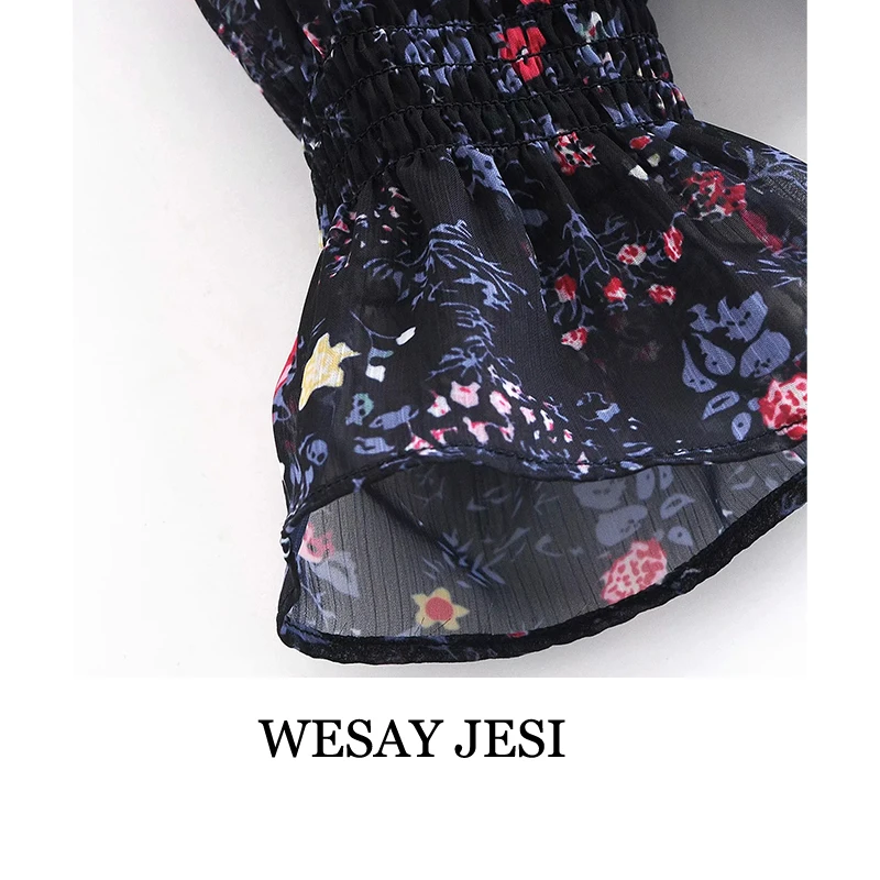 

WESAY JESI New Women Blouse Sweet Agaric Lace Floral Print Chiffon Smock Female Elastic Ruffles See-Through Shirt Chic Casual