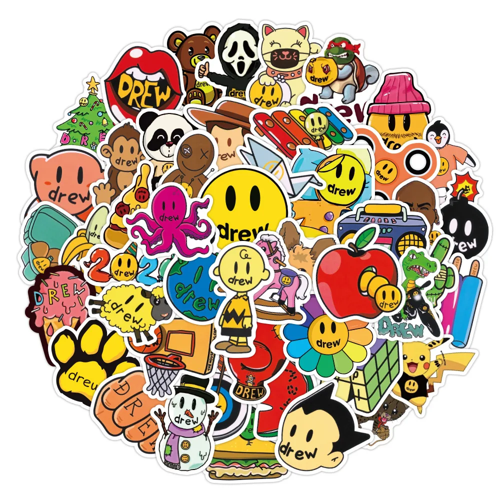 

50pcs Justin Bieber Fashion Brand Drewhouse Stickers Cute Cartoon Waterproof PVC Decals DIY Laptop Luggage Scrapbook Phone Cup