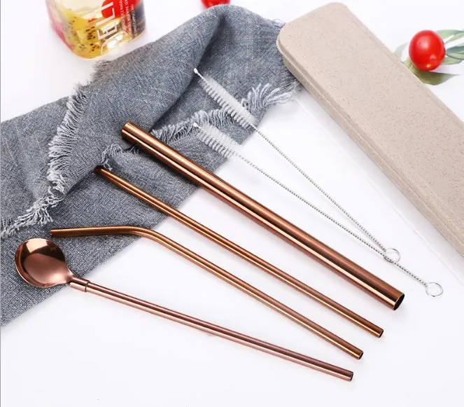 Rose gold Многоразовые металлические соломинки для питья, наборы из 304 нержавеющей стали для питья жемчужного молочного коктейля, пузырьковая чайная соломенная ложка, барные аксессуары - Цвет: Rose gold