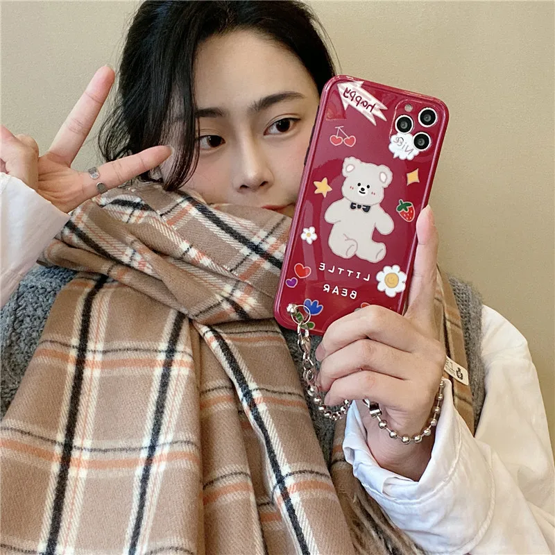 Cute Bear Hand Chain Pattern Phone Cases For iPhone X XR XS 12 mini 11 Pro Max SE2020 7 8 Plus Fashion Bracelet Rope Soft Cover | Мобильные