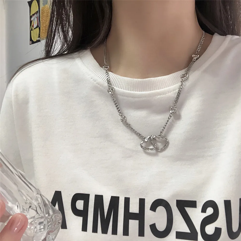 

Kpop Goth Double-heart Pendant Necklace for Women Girl Hip Hop Stainless steel Love Heart Chain Necklace Grunge Party Jewelry