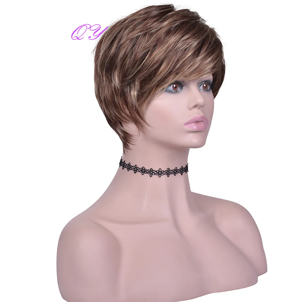 

QY Short Brown Wig With Bangs Bob Wigs Female Haircut Synthetic Natural Daily Hair For White Women