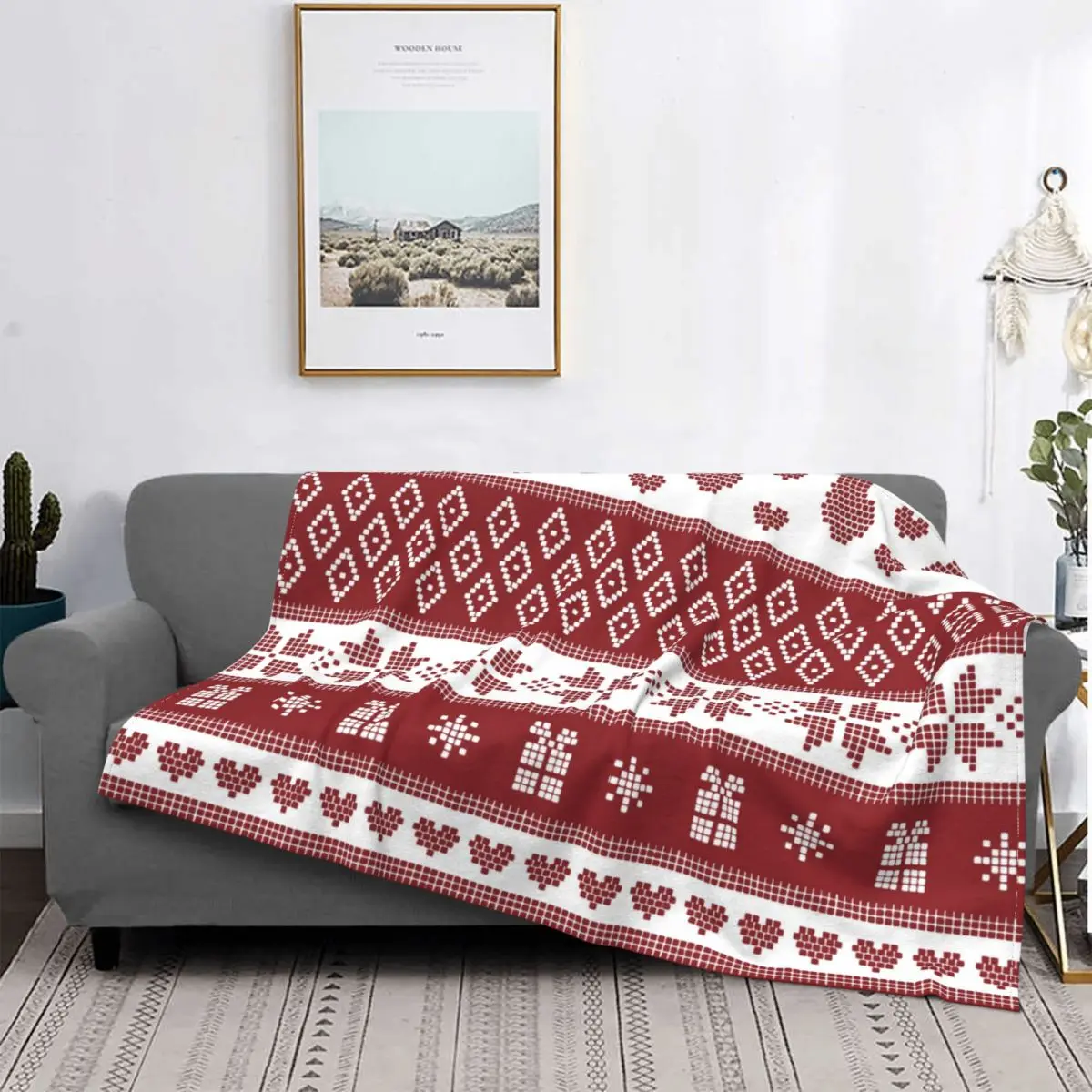 

Mantas de invierno de lana con diseño navideño de ciervo y copo de nieve, nórdico, rojo, para el hogar y la Oficina