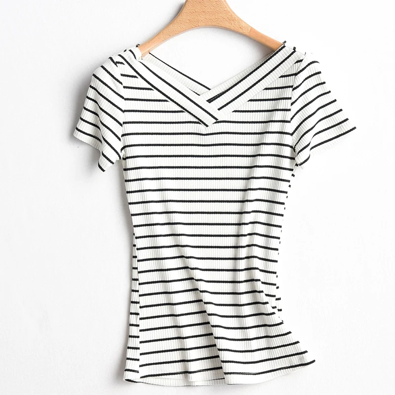 2019 Летняя женская футболка полосатая хлопок Вязанная короткий рукав